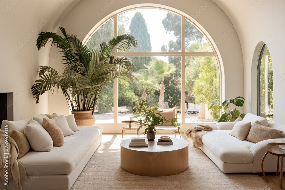 Fototapeta premium Modern Villa: Arched Window Stucco Wall with Natural Light, Greenery, and Spacious Layout