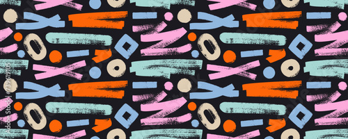 Colored chaotic abstract geometric shapes seamless pattern. Hand drawn grunge geometric figures.