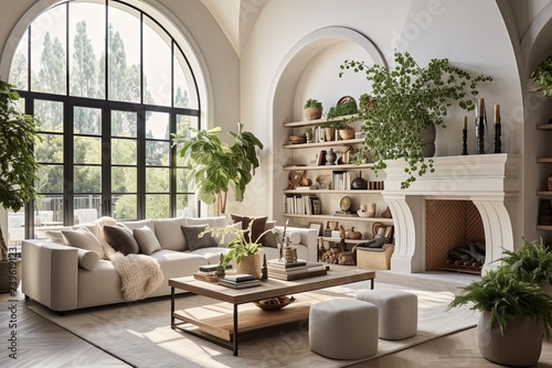 Modern Villa Oasis: Arched Window Stucco Wall Decor in Spacious Greenery Haven