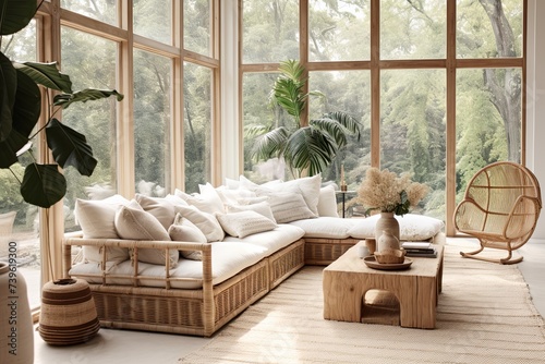 Scandinavian Boho Living Rooms: Natural Light Bliss with Large Windows & Rattan Furnishings