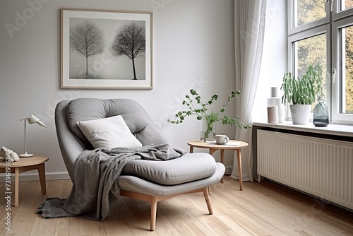 Nordic Charm: Grey Sofa Lounge with Fabric Lounge Chair Decor on Light Wooden Floor