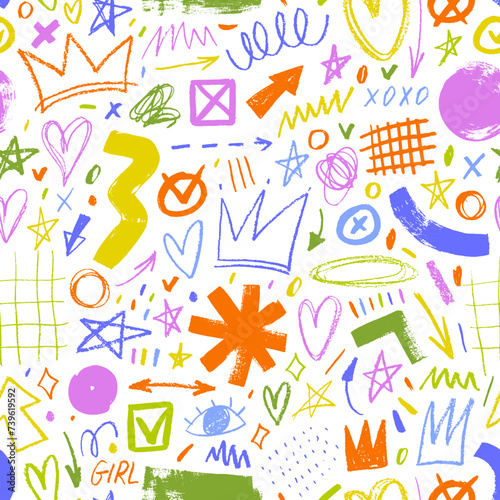 Multi colored charcoal pencil shapes and doodles seamless pattern. Hand drawn vector quirky shapes in punk or childish style. Naive playful abstract charcoal scribbles. Doodles and curved lines.