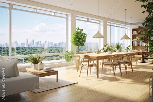 Sunny Interiors and Airy Decor: Inspiring Open Concept Living and Dining Room Designs with Floor-to-Ceiling Windows and Indoor Plants