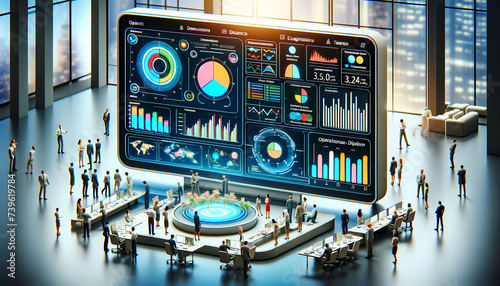 3D flat-screen display panel situated in a corporate setting. This display features a vibrant and intricate operational dashboard