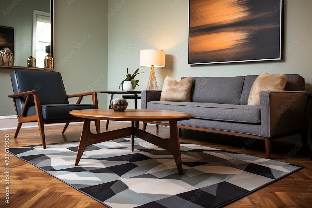 Fototapeta premium Geometric Bliss: Retro Inspired Living Room Interiors with Modern and Vintage Blend