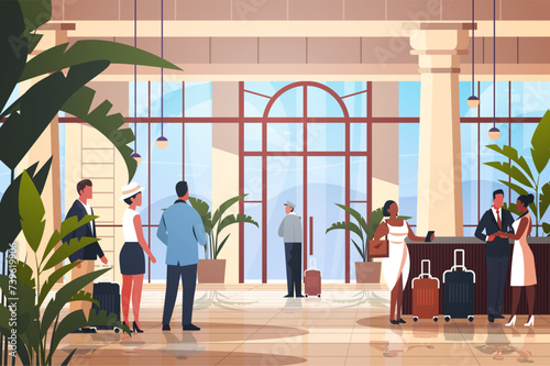 tourists with luggage departing from business trip standing at reception desk in hotel lobby recreation travel check-in concept