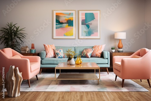Retro Chic  Mid-Century Modern Living Room with Pastel Cushions   Art Deco Twist