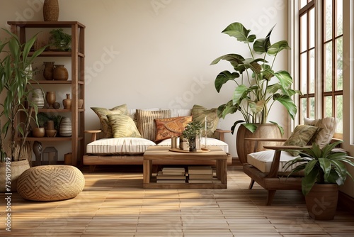Earth Tones Oasis: Retro Inspired Living Room with Tropical Plants, Wooden Bench, and Relaxed Seating