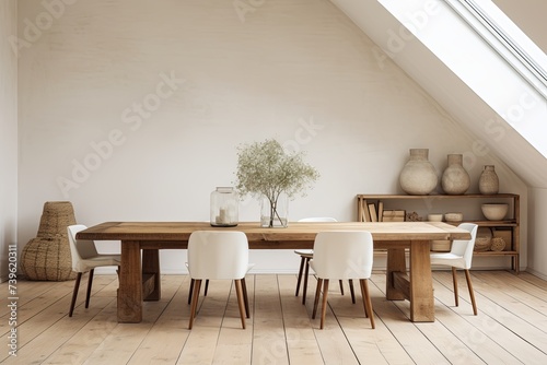 Rustic Minimalist Living Interiors: Dining Area with Wooden Table and White Chairs © Michael