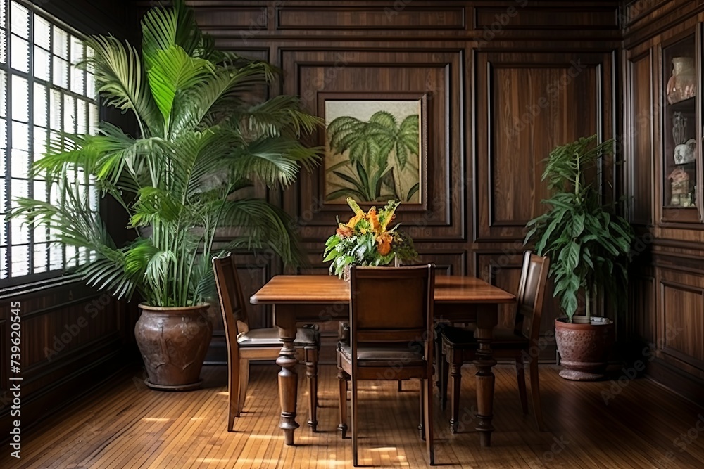 Rustic Wooden Floor Dining Room with Tropical Plant Green Centerpiece