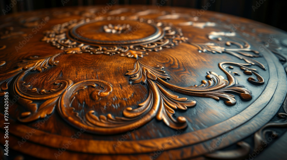 Closeup of the intricate carvings and etchings on the surface of an aged coffee table depicting the skilled craftsmanship of a bygone era.