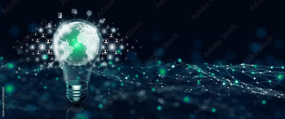 Light bulb global business technology and People network community. Idea connection and idea for effective networking. Mixed media Concept. Abstract blue background and 3D illustration. - obrazy, fototapety, plakaty 