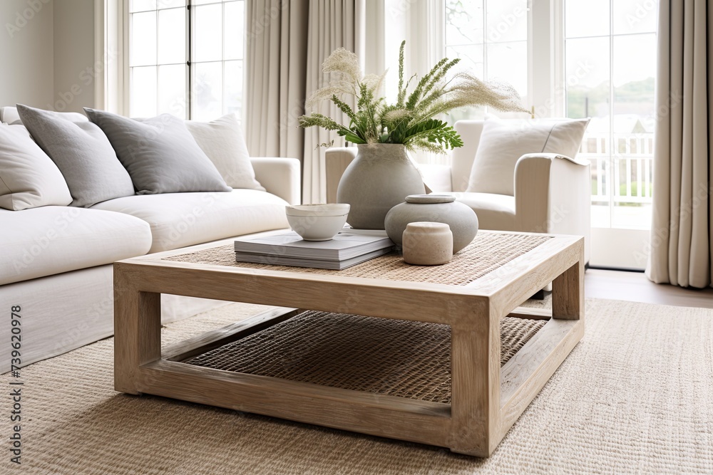 Fototapeta premium Sunny Coastal Vibes: Rattan Decorated Square Coffee Table Inspirations