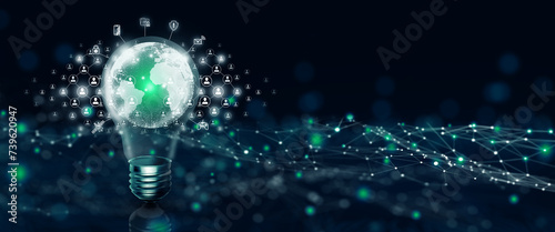 Light bulb global business technology and People network community. Idea connection and idea for effective networking. Mixed media Concept. Abstract blue background and 3D illustration. photo