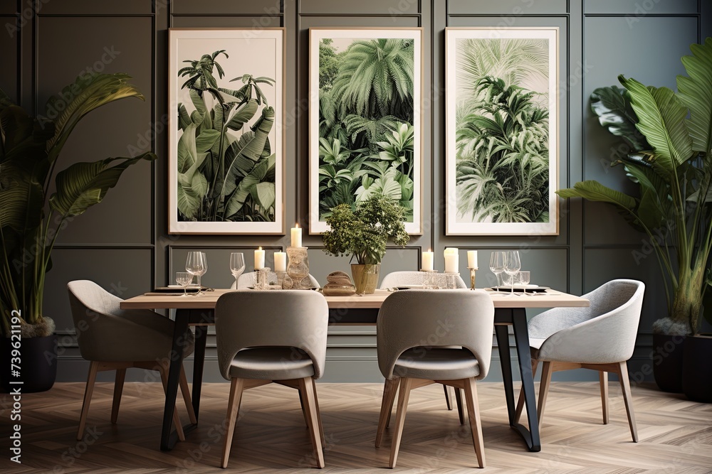 Fototapeta premium Green Plant Posters for Modern Dining Rooms: Tropical Grey Wall Art Ideas