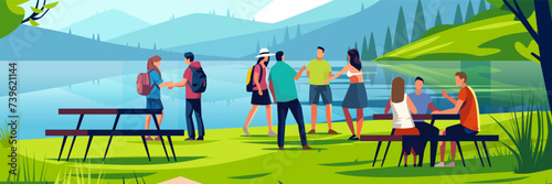 people relaxing in park or river bank with wooden benches and tables tourists resting outdoors summer landscape background horizontal