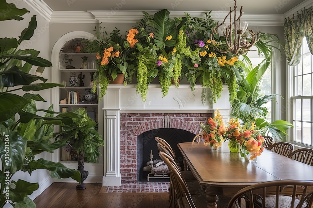 Tropical Plant Decorated Farmhouse Dining Room with Fireplace and Floral Curtains