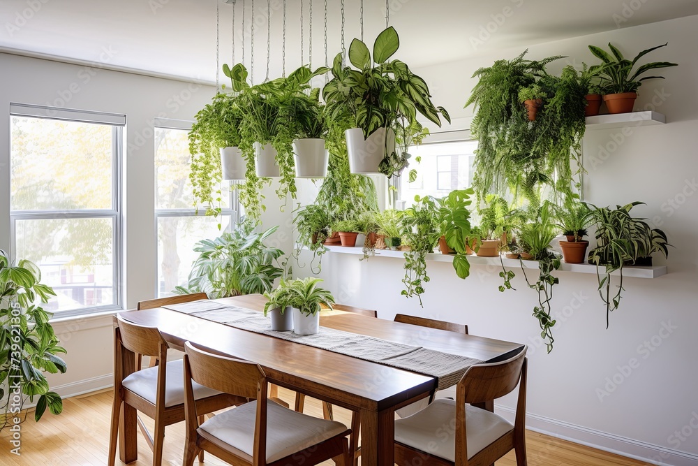 Tropical Plant Decor: Hanging Plants in Modern Dining Room - Sleek Design Inspiration
