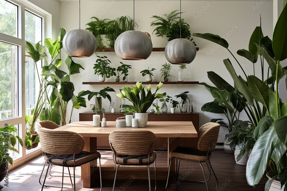 Tropical Plant Decor: Dining Room Oasis with Spacious Interiors, Pendant Lights, and Natural Colors