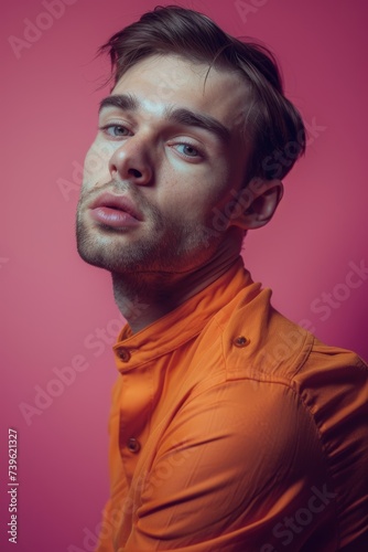 Stylish Man in Orange Shirt Posing for a Photo. Generative AI