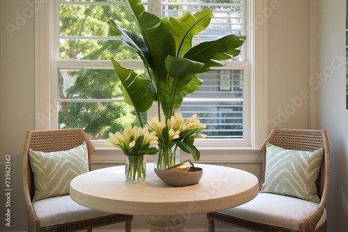 Sunny Tropical Plant Decor: Dining Room Serenity with Window-side Bliss