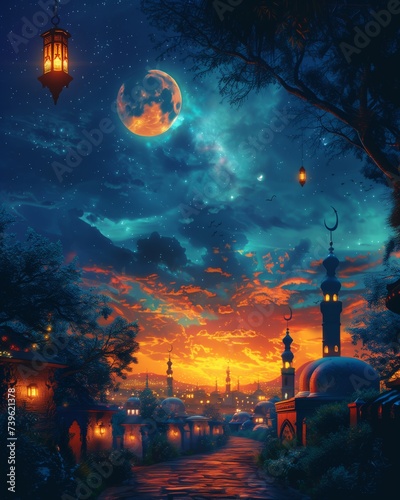 Mystical evening scene with a crescent moon, lanterns, and a mosque silhouette.
