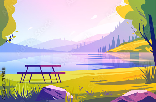 wooden bench and picnic table at river bank landscape view of clear river still water mountain ridge nature tourism travel adventure