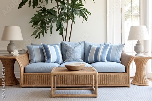 Blue Coastal Velvet Upholstered Sofa Inspirations with Rattan Furniture Accents © Michael