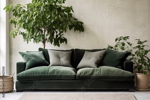Greenery-Infused Nordic Velvet Upholstered Sofa Inspirations Against White Walls