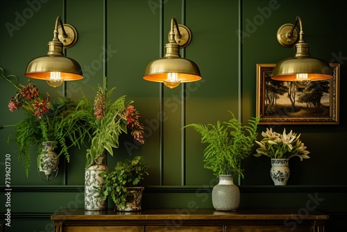 Vintage Brass Lighting Fixtures, Green Walls, Plant Decor, and Mid-Century Furniture Harmony