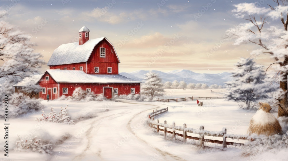 	
View of Red barn in agricultural field during snowy winter.	
