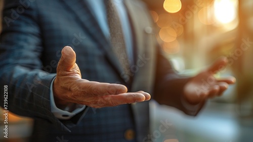 Businessman in Suit Holding Out Hands. Generative AI