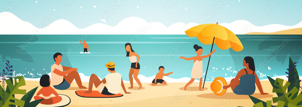 mix race tourists relaxing on tropical beach people enjoying summer vacation time to travel concept seascape background - obrazy, fototapety, plakaty 