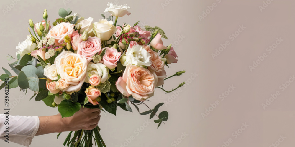 Female Hand presents Elegant bouquet of mixed roses and blossoms in soft pinks and white tones Female Hand presents Elegant bouquet of mixed roses and blossoms in soft pinks and white tones