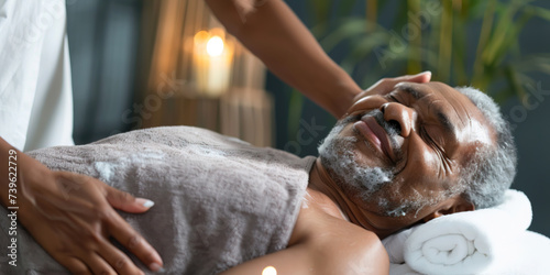 Elderly black man enjoying relaxing massage at spa salon