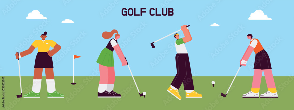Characters doing golf swings. Each person is swinging in various poses. flat vector illustration. Characters doing golf swings. Each person is swinging in various poses. flat vector illustration.