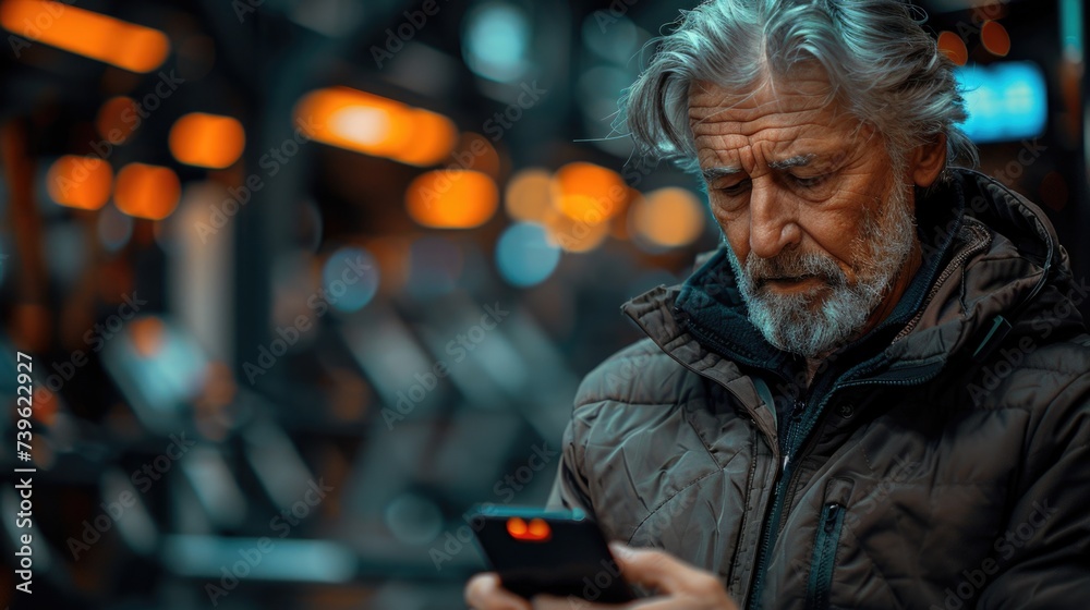 Older Man Checking Cell Phone. Generative AI