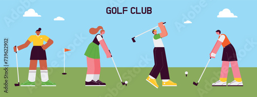 Characters doing golf swings. Each person is swinging in various poses. flat vector illustration.