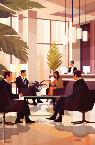 businesspeople discussing during meeting in hotel lobby business people sitting near reception desk vertical