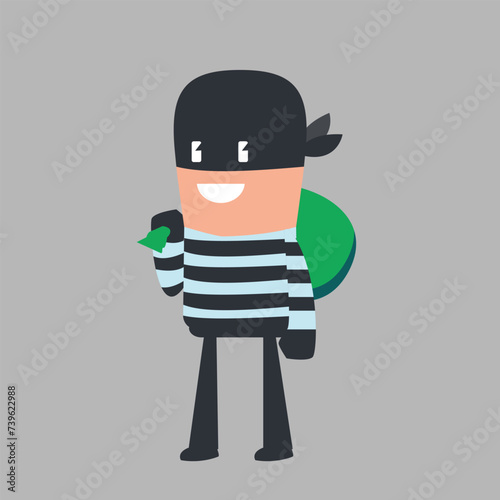 Thief with a bag of money. Vector illustration in flat style