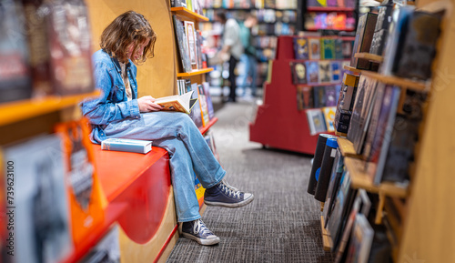 Photography Teenage girl reading the book in large bookshop of London