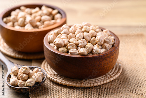 Organic dried chickpea in wooden bowl with spoon, Healthy food ingredient