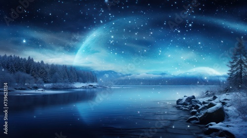 View of frozen lake during snowy winter at night. Landscape background wallpaper.  