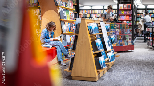 Tableau sur toile Teenage girl reading the book in large bookshop of London