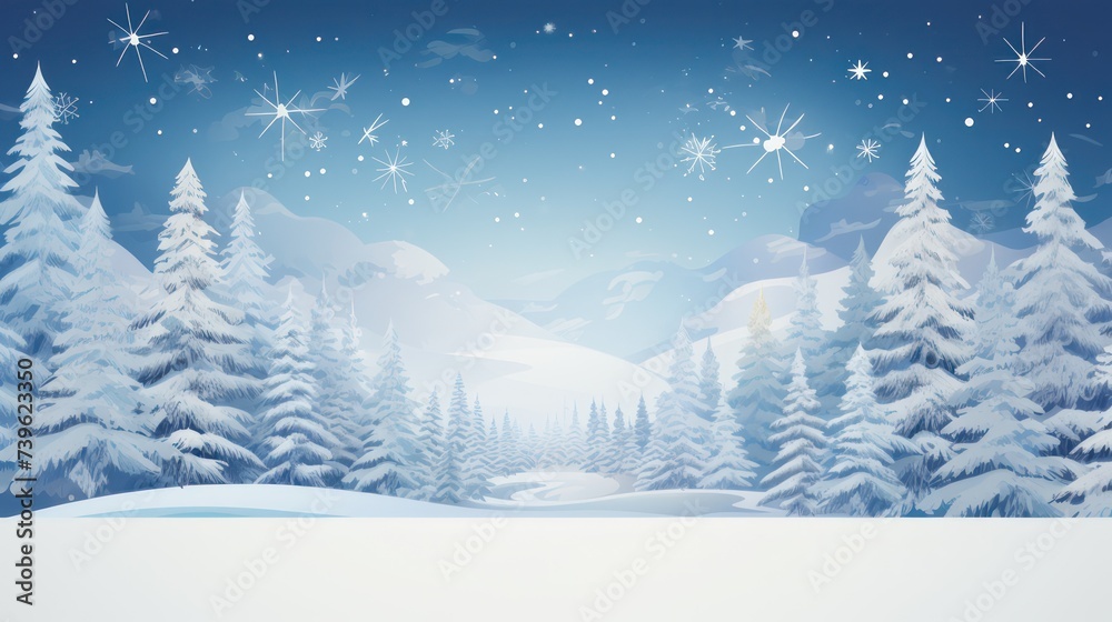 Fototapeta premium View of hills with pine trees covered in thick snow in winter. Landscape background wallpaper.