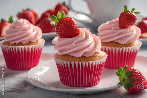Strawberry cupcakes with frosting on white background