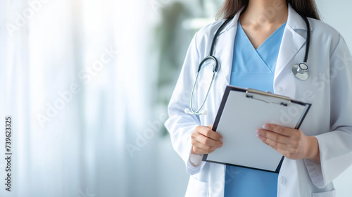 Professional medical physician doctor in white uniform gown coat hand holding stethoscope in clinic hospital.Medical healthcare technology concept