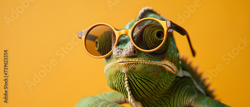 Chameleon Wearing Sunglasses on a Solid Color Background, Digital Art, Minimal, Abstract, Panorama Background. Generative AI.