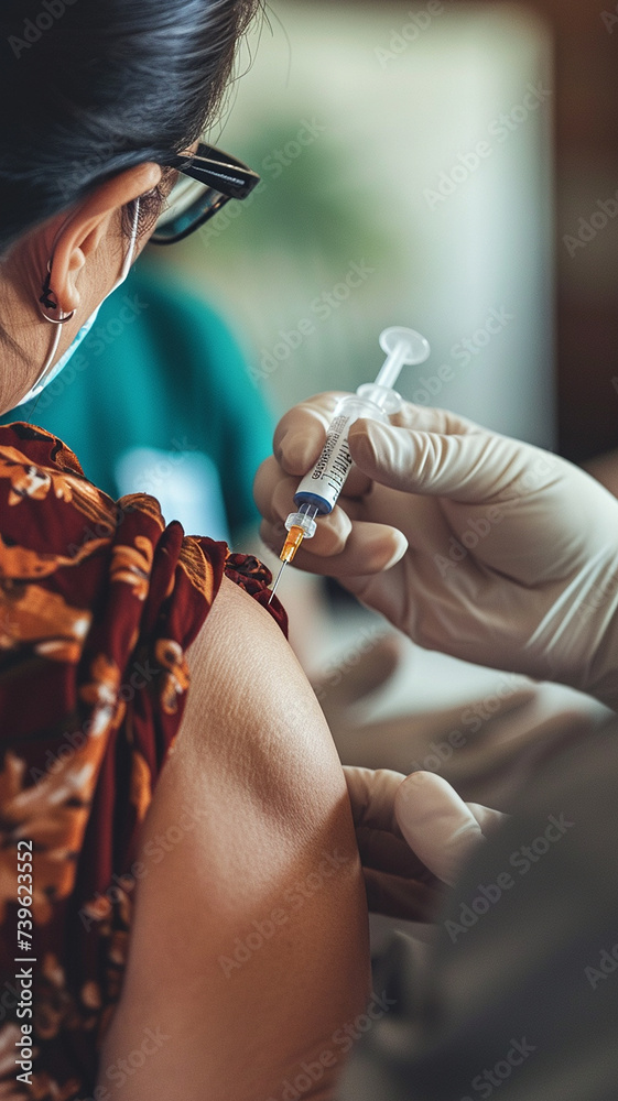 World immunization week and International HPV awareness day concept. Woman having vaccination for influenza or flu shot or HPV prevention with syringe by nurse or medical officer