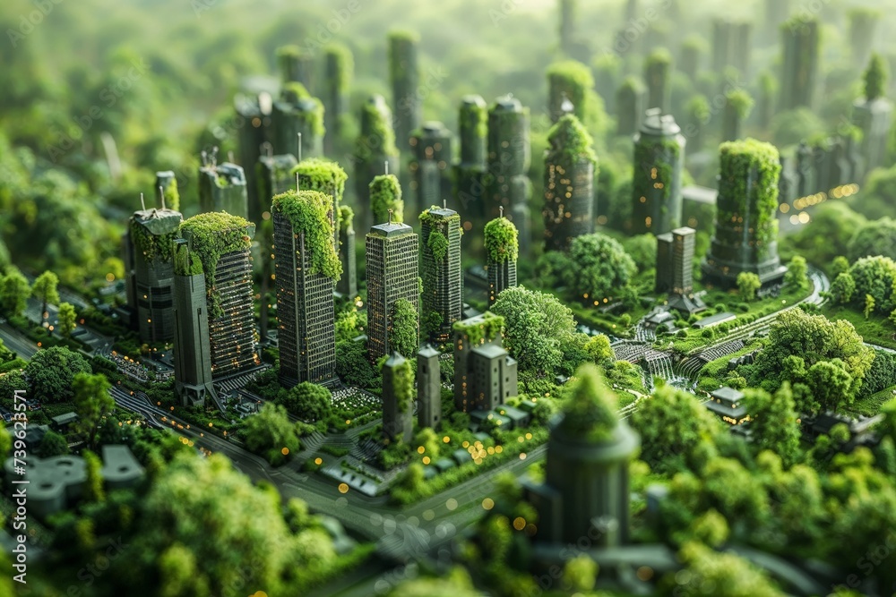 Futuristic 3D cityscape featuring green skyscrapers, sustainable urban architecture, eco-friendly metropolis